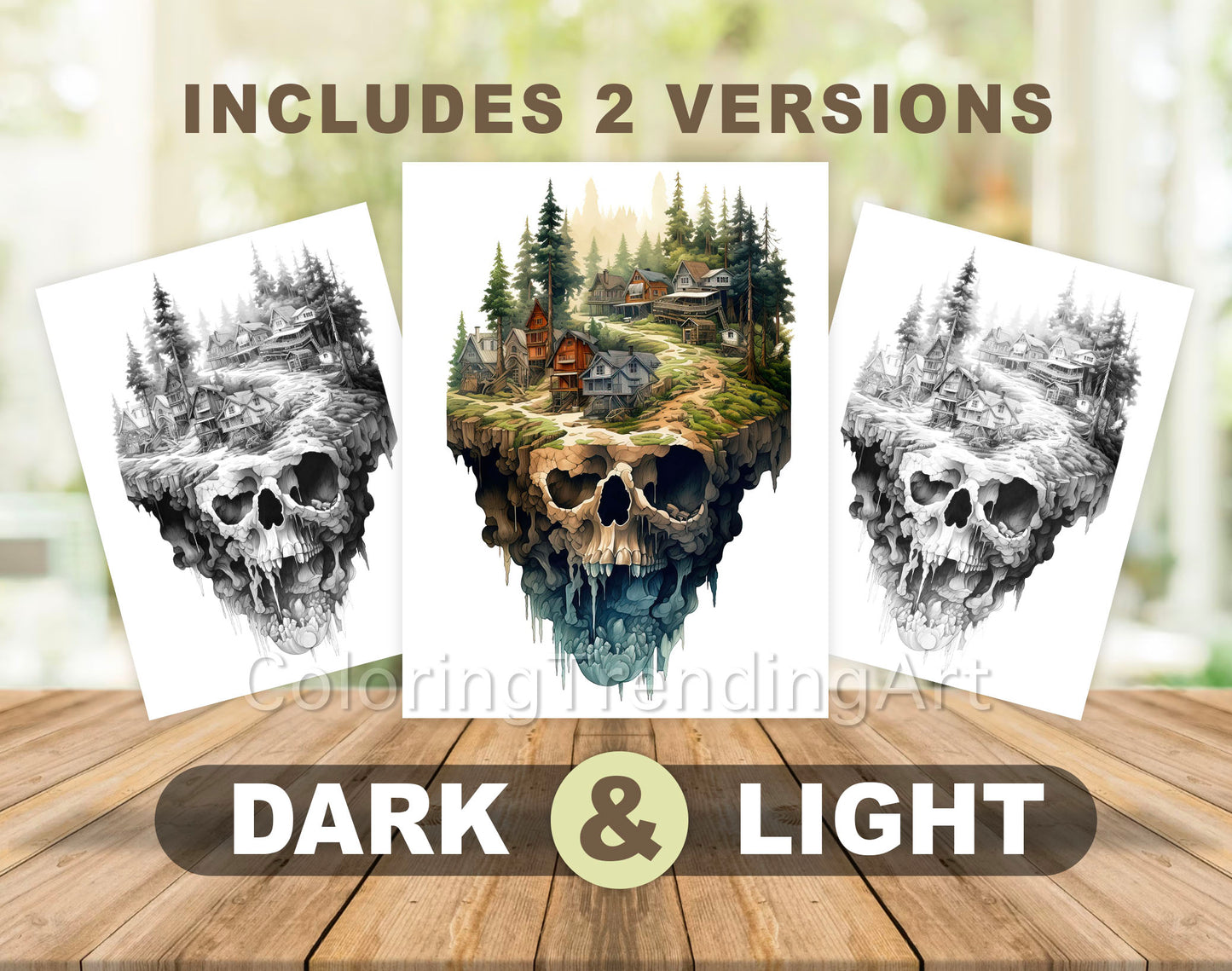 25 Horror Skull Hills Grayscale Coloring Pages - Halloween Coloring - Instant Download - Printable PDF Dark/Light – preview 5