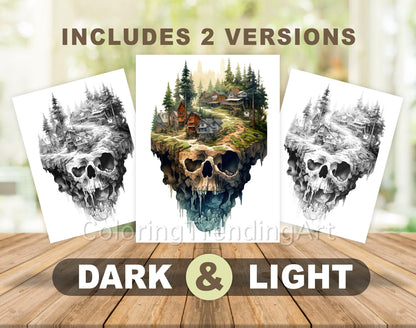 25 Horror Skull Hills Grayscale Coloring Pages - Halloween Coloring - Instant Download - Printable PDF Dark/Light – preview 5