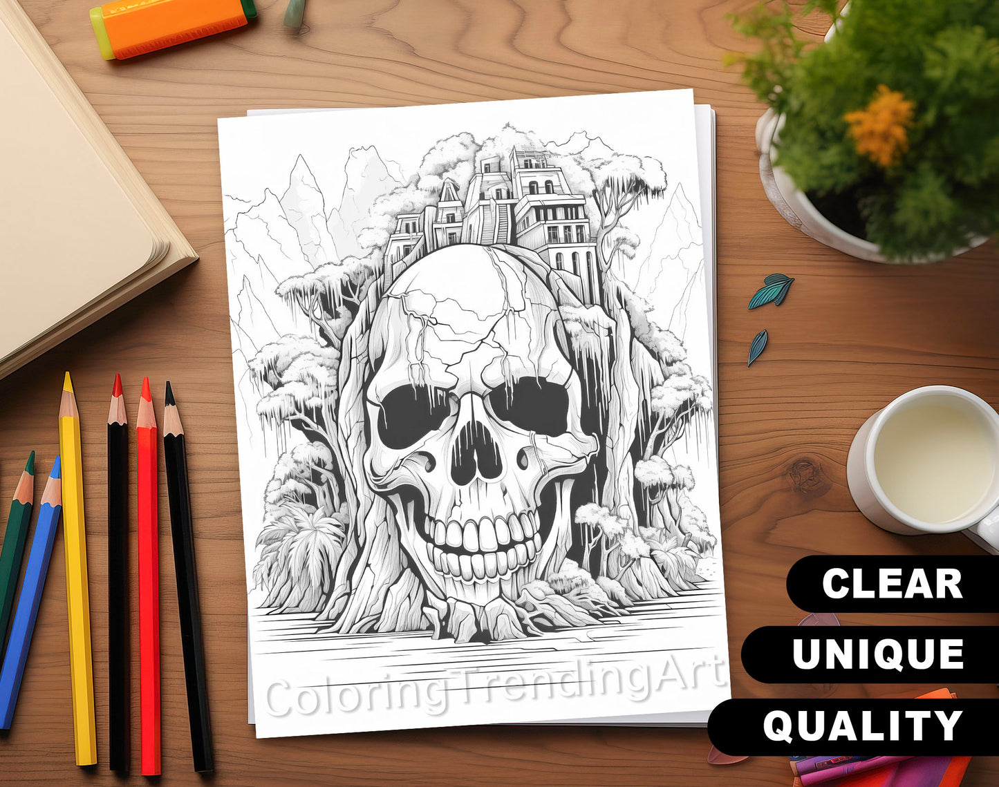 25 Horror Skull Hills Grayscale Coloring Pages - Halloween Coloring - Instant Download - Printable PDF Dark/Light – preview 6