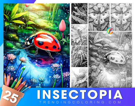 25 Insectopia Grayscale Coloring Pages - Instant Download - Printable PDF Dark/Light