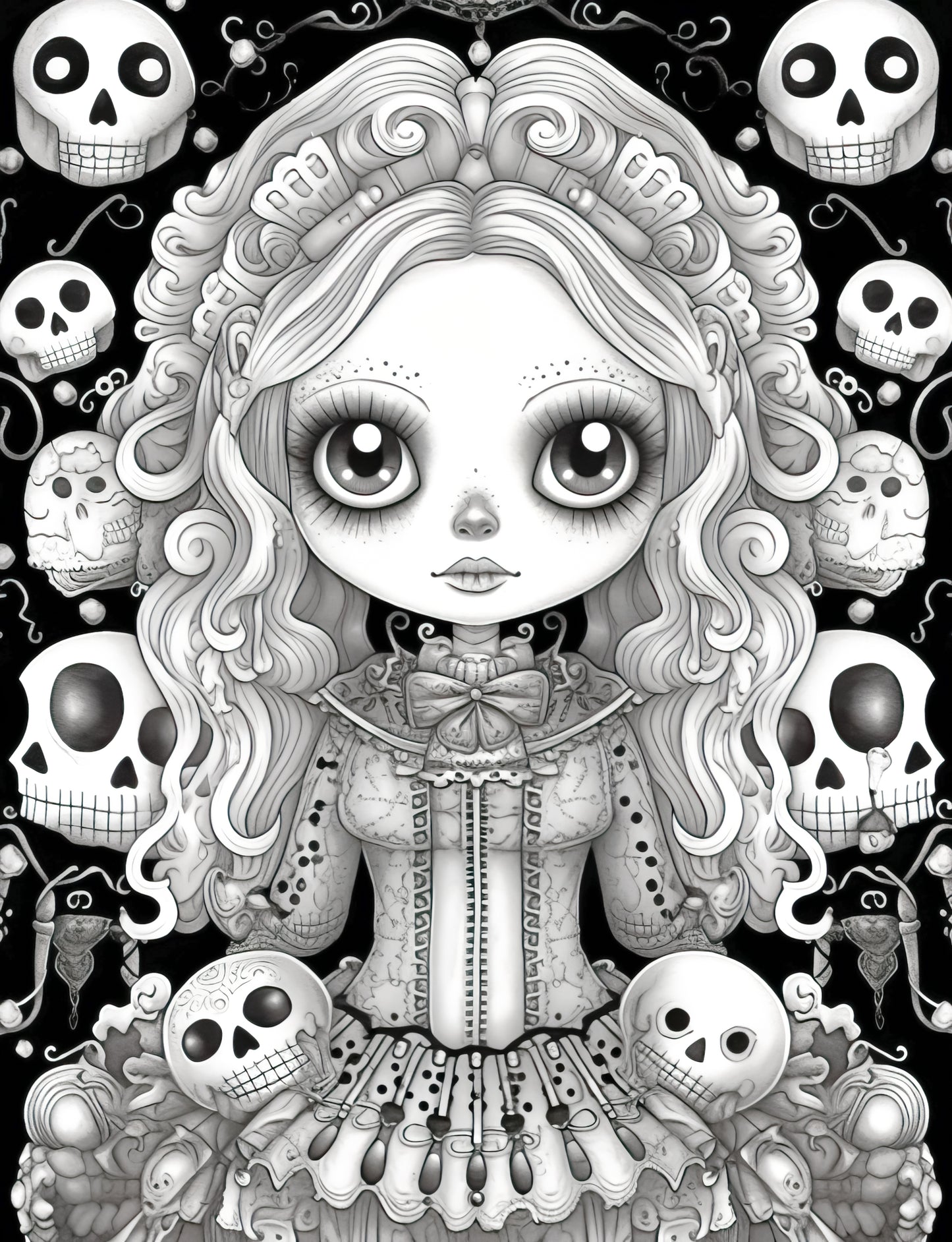 25 Kawaii Gothic Girl Grayscale Coloring Pages - Instant Download - Printable PDF Dark/Light – preview 10
