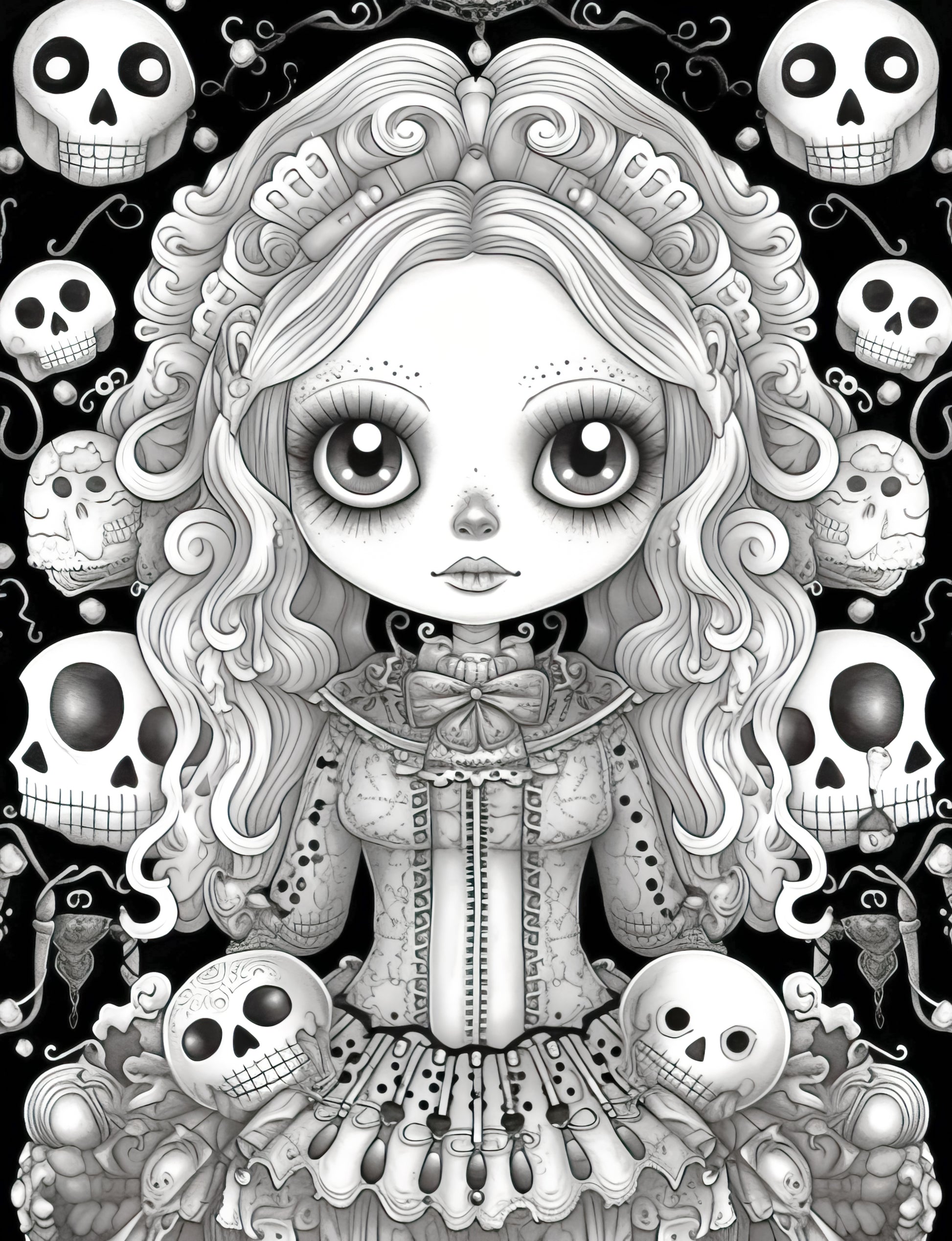 25 Kawaii Gothic Girl Grayscale Coloring Pages - Instant Download - Printable PDF Dark/Light – preview 10