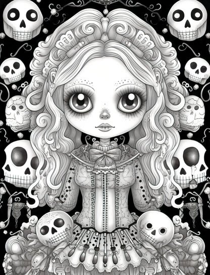 25 Kawaii Gothic Girl Grayscale Coloring Pages - Instant Download - Printable PDF Dark/Light – preview 10