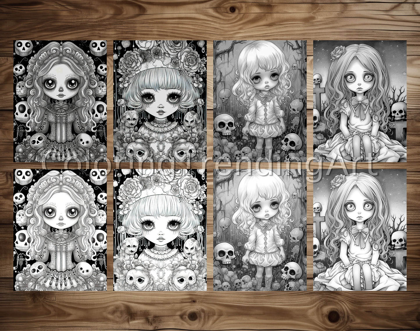 25 Kawaii Gothic Girl Grayscale Coloring Pages - Instant Download - Printable PDF Dark/Light – preview 4