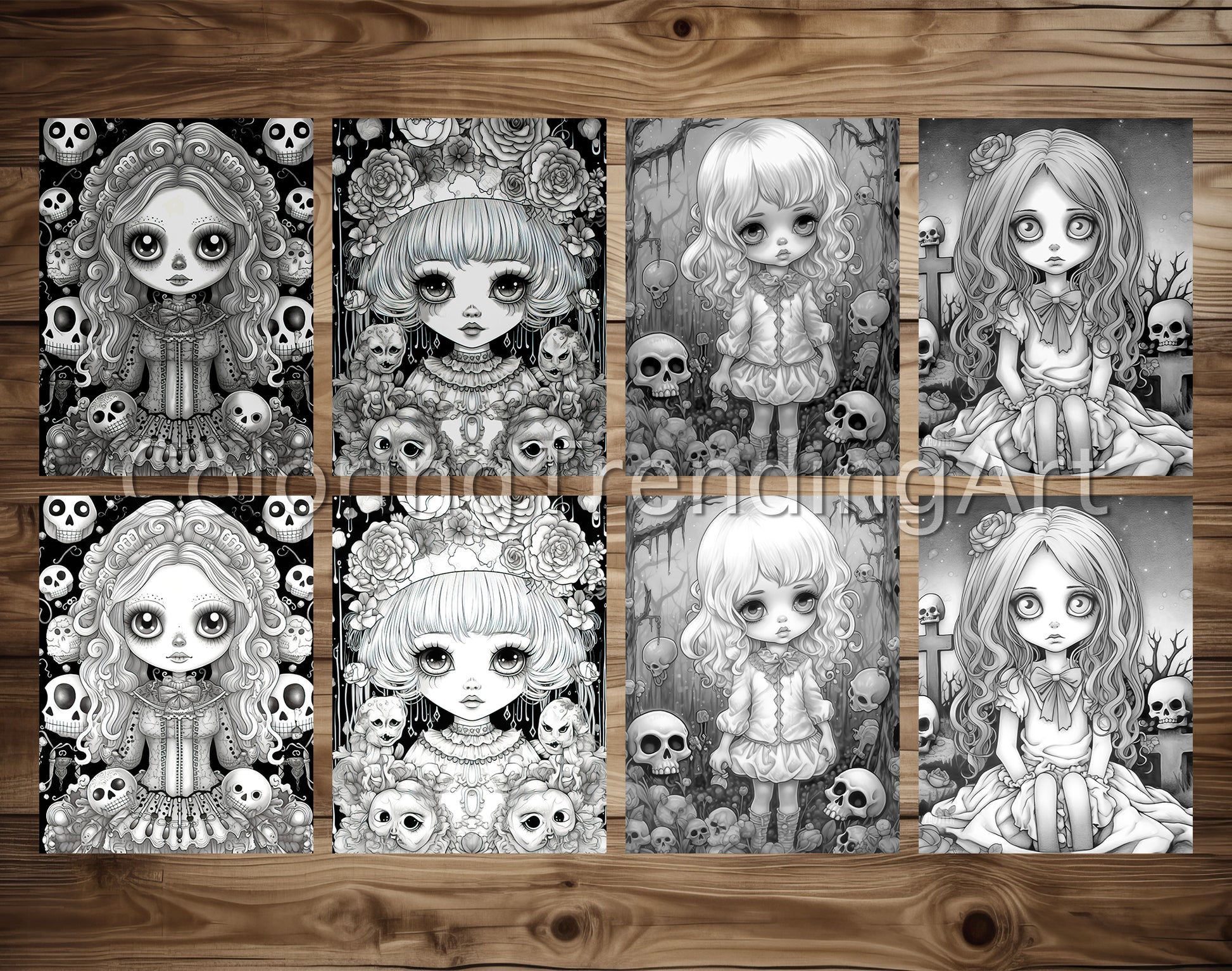 25 Kawaii Gothic Girl Grayscale Coloring Pages - Instant Download - Printable PDF Dark/Light – preview 4