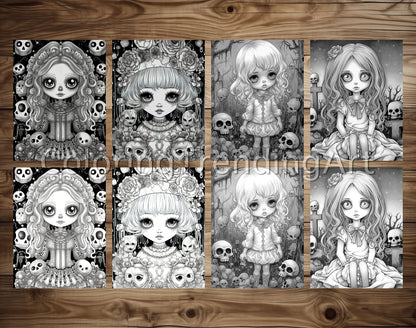 25 Kawaii Gothic Girl Grayscale Coloring Pages - Instant Download - Printable PDF Dark/Light – preview 4