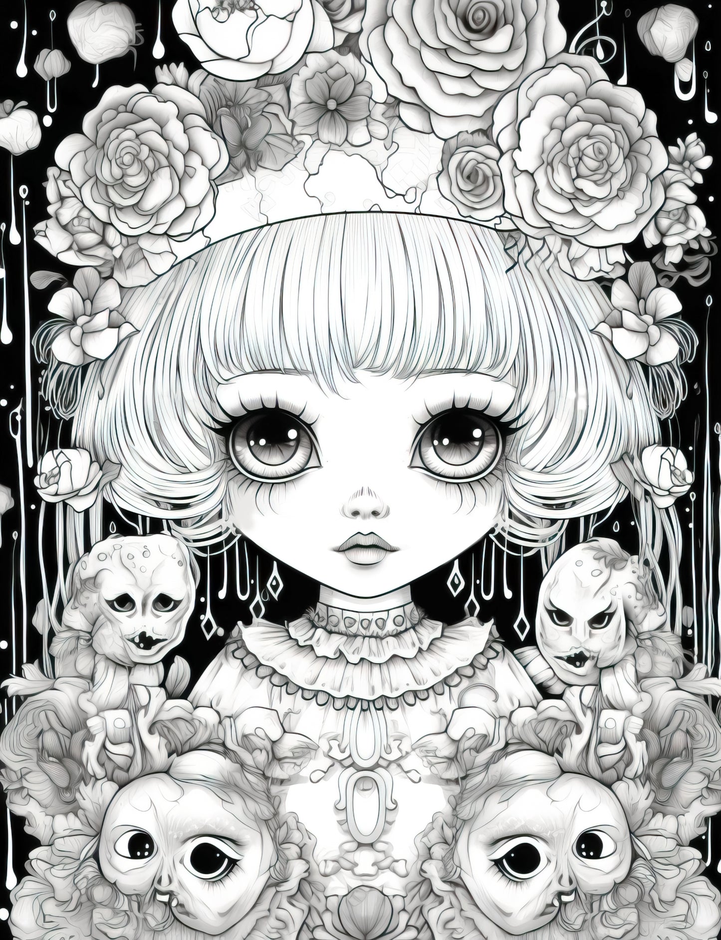 25 Kawaii Gothic Girl Grayscale Coloring Pages - Instant Download - Printable PDF Dark/Light – preview 5