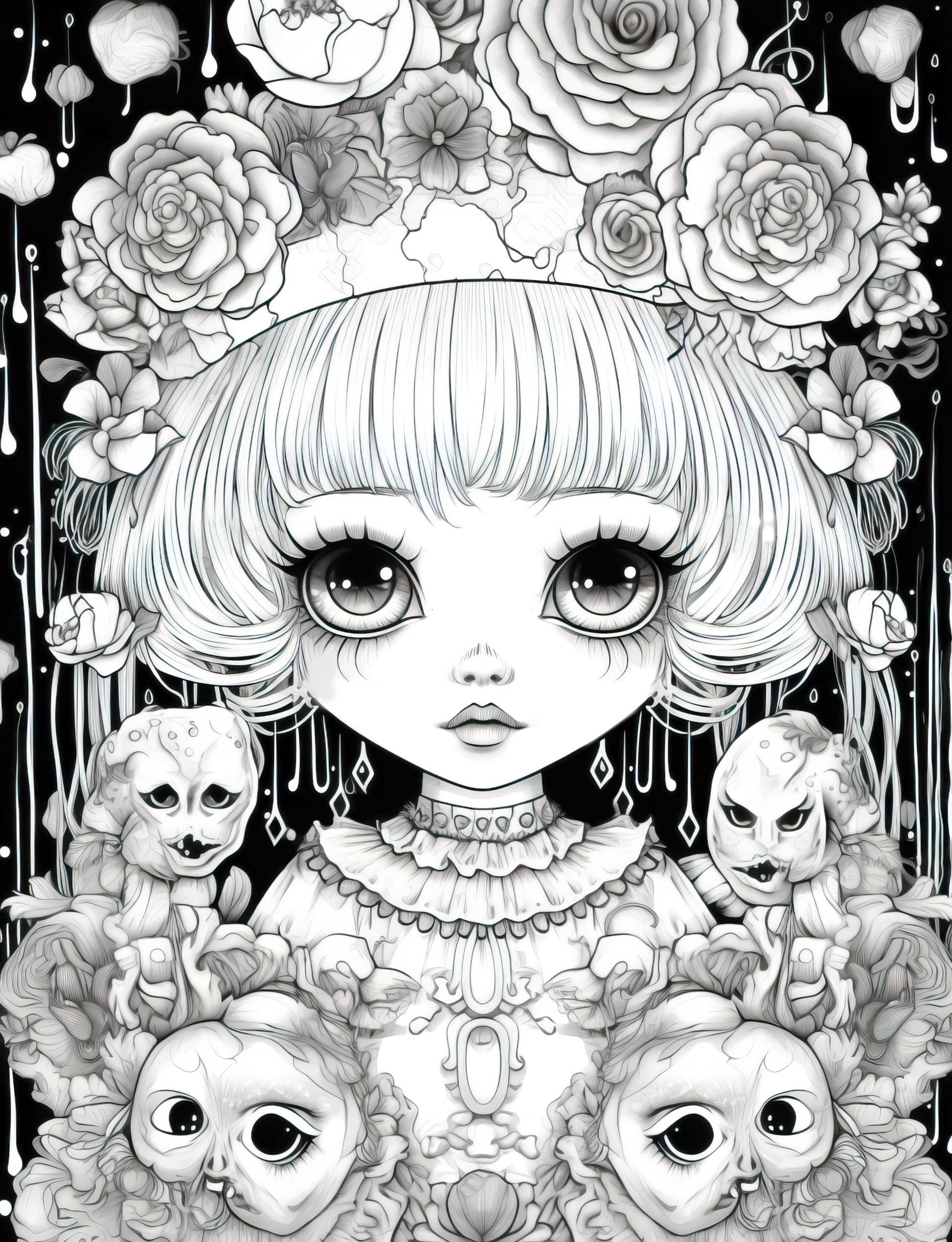 25 Kawaii Gothic Girl Grayscale Coloring Pages - Instant Download - Printable PDF Dark/Light – preview 5