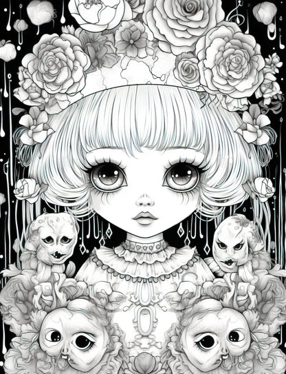 25 Kawaii Gothic Girl Grayscale Coloring Pages - Instant Download - Printable PDF Dark/Light – preview 5