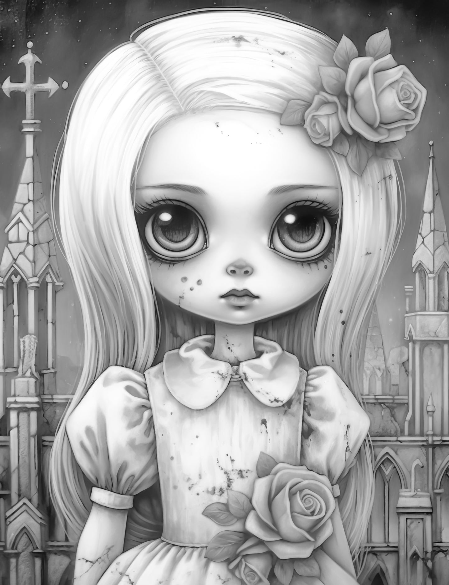 25 Kawaii Gothic Girl Grayscale Coloring Pages - Instant Download - Printable PDF Dark/Light – preview 7