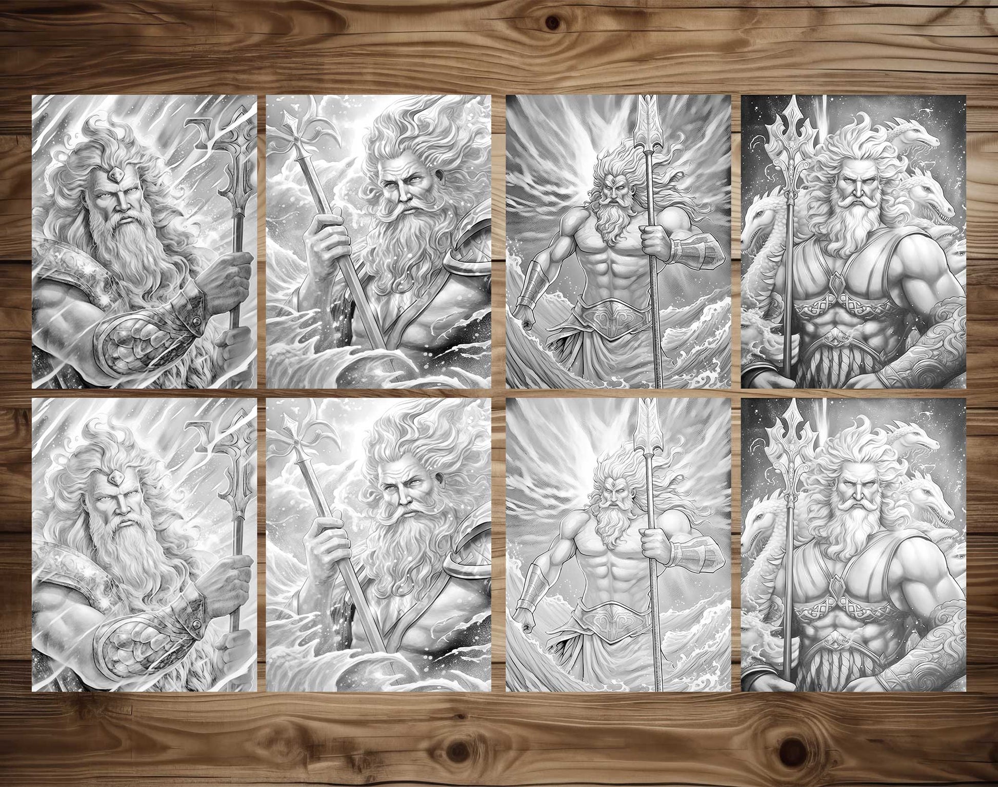 25 King Father Of Ocean Grayscale Coloring Pages - Instant Download - Printable PDF Dark/Light – preview 3