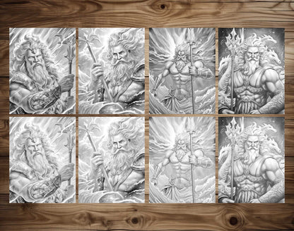 25 King Father Of Ocean Grayscale Coloring Pages - Instant Download - Printable PDF Dark/Light – preview 3