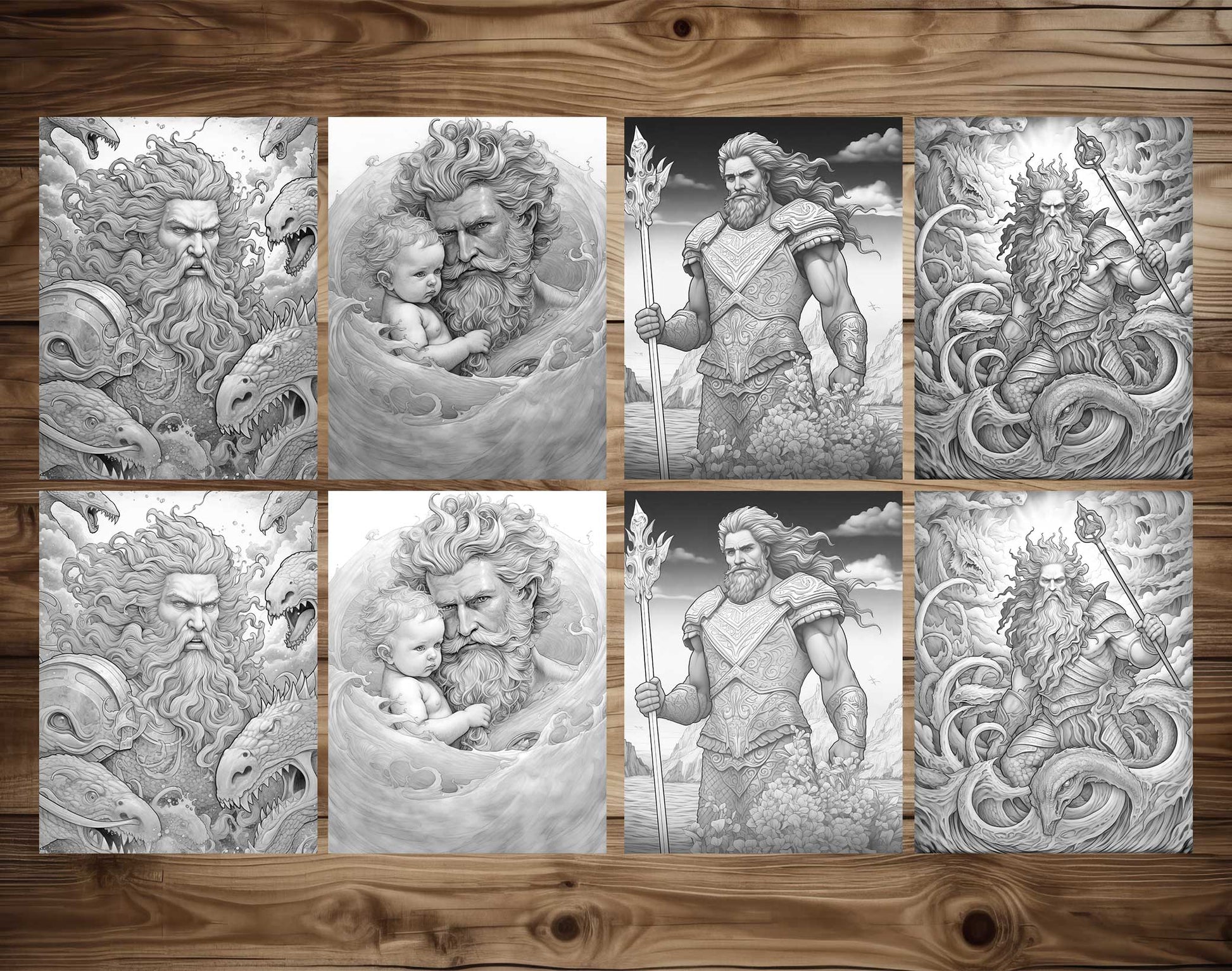 25 King Father Of Ocean Grayscale Coloring Pages - Instant Download - Printable PDF Dark/Light – preview 4