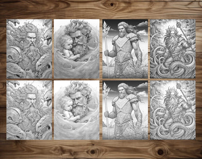 25 King Father Of Ocean Grayscale Coloring Pages - Instant Download - Printable PDF Dark/Light – preview 4