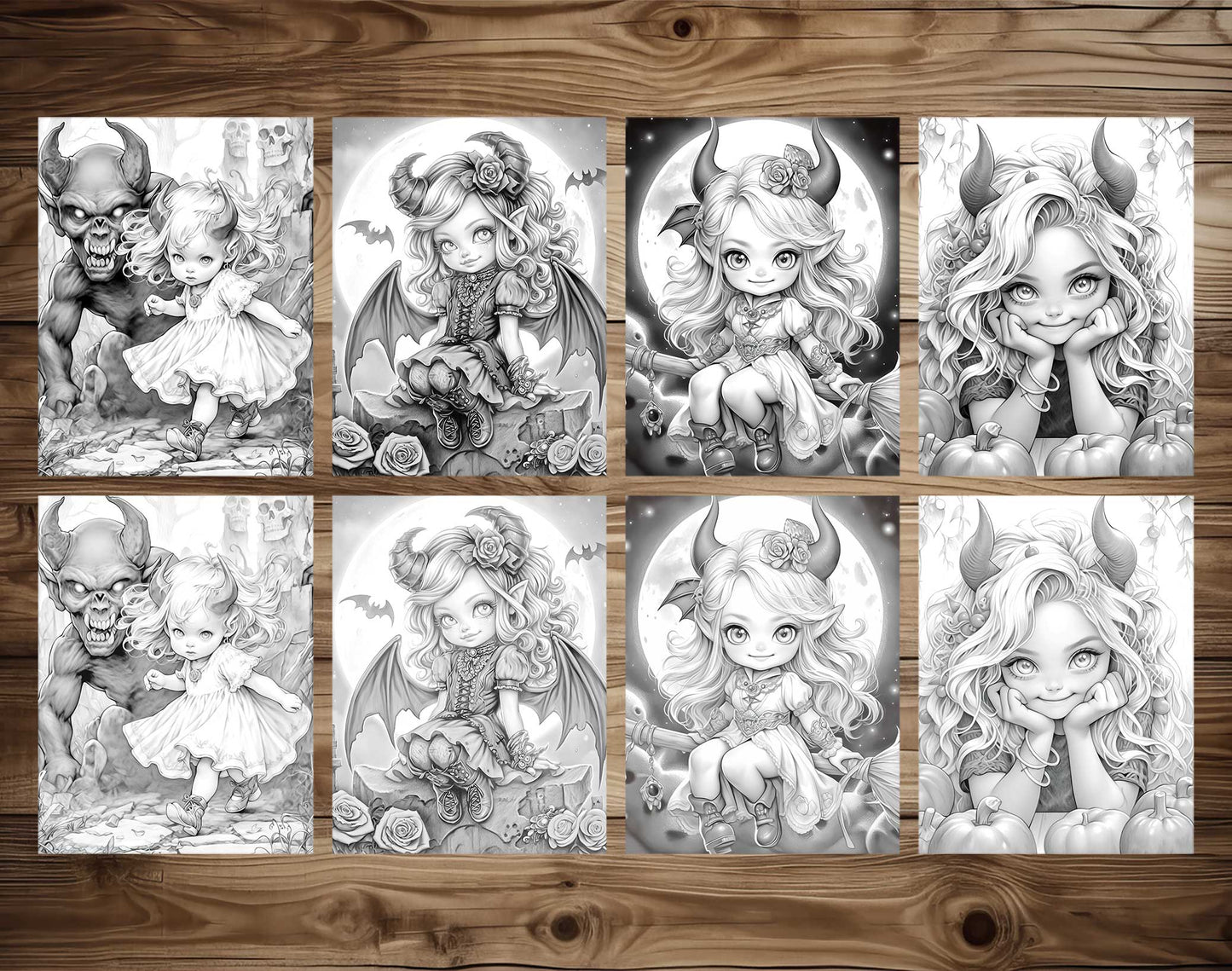 25 Little Devil Girls Grayscale Coloring Pages - Halloween Coloring - Instant Download - Printable PDF Dark/Light – preview 3