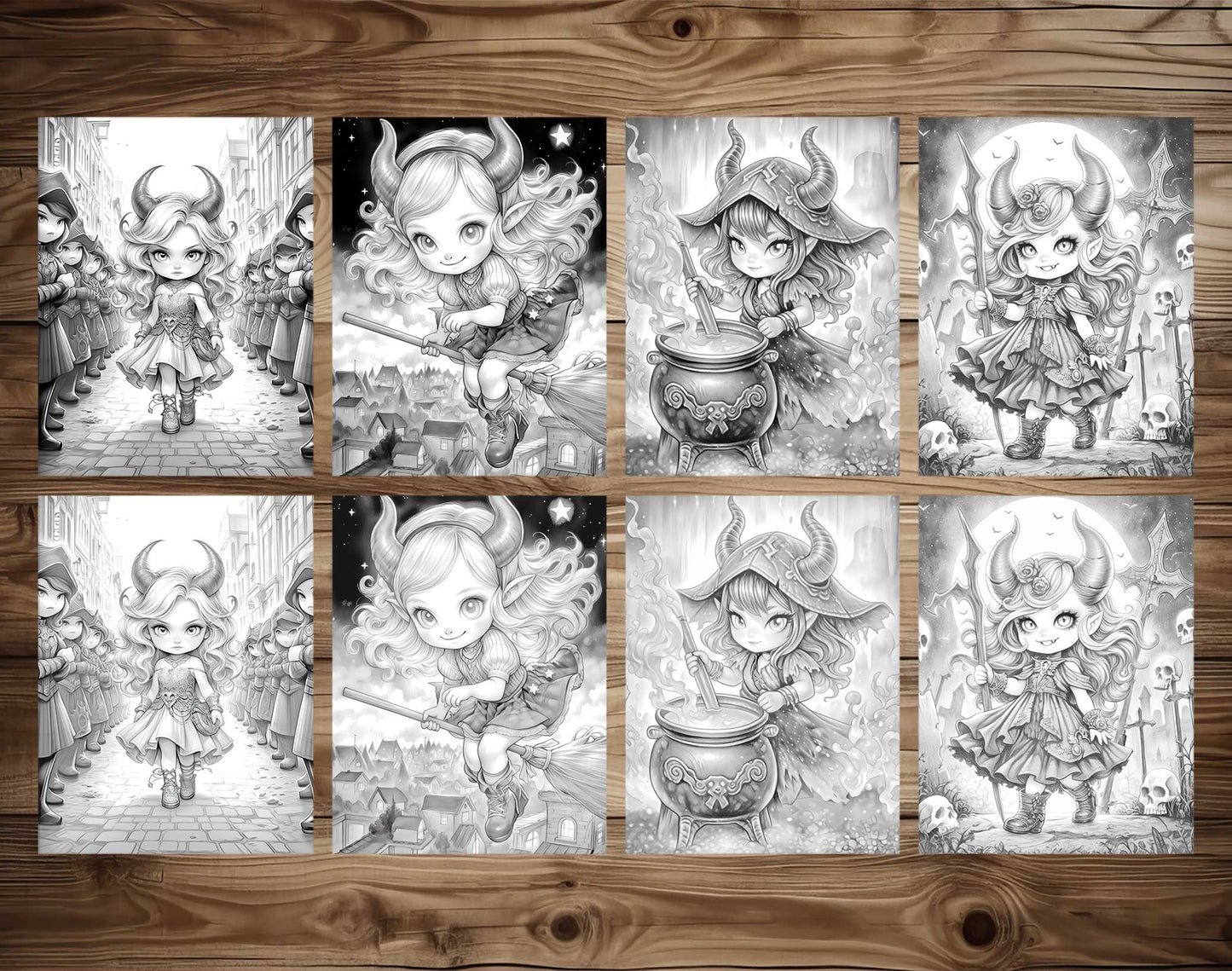 25 Little Devil Girls Grayscale Coloring Pages - Halloween Coloring - Instant Download - Printable PDF Dark/Light – preview 4