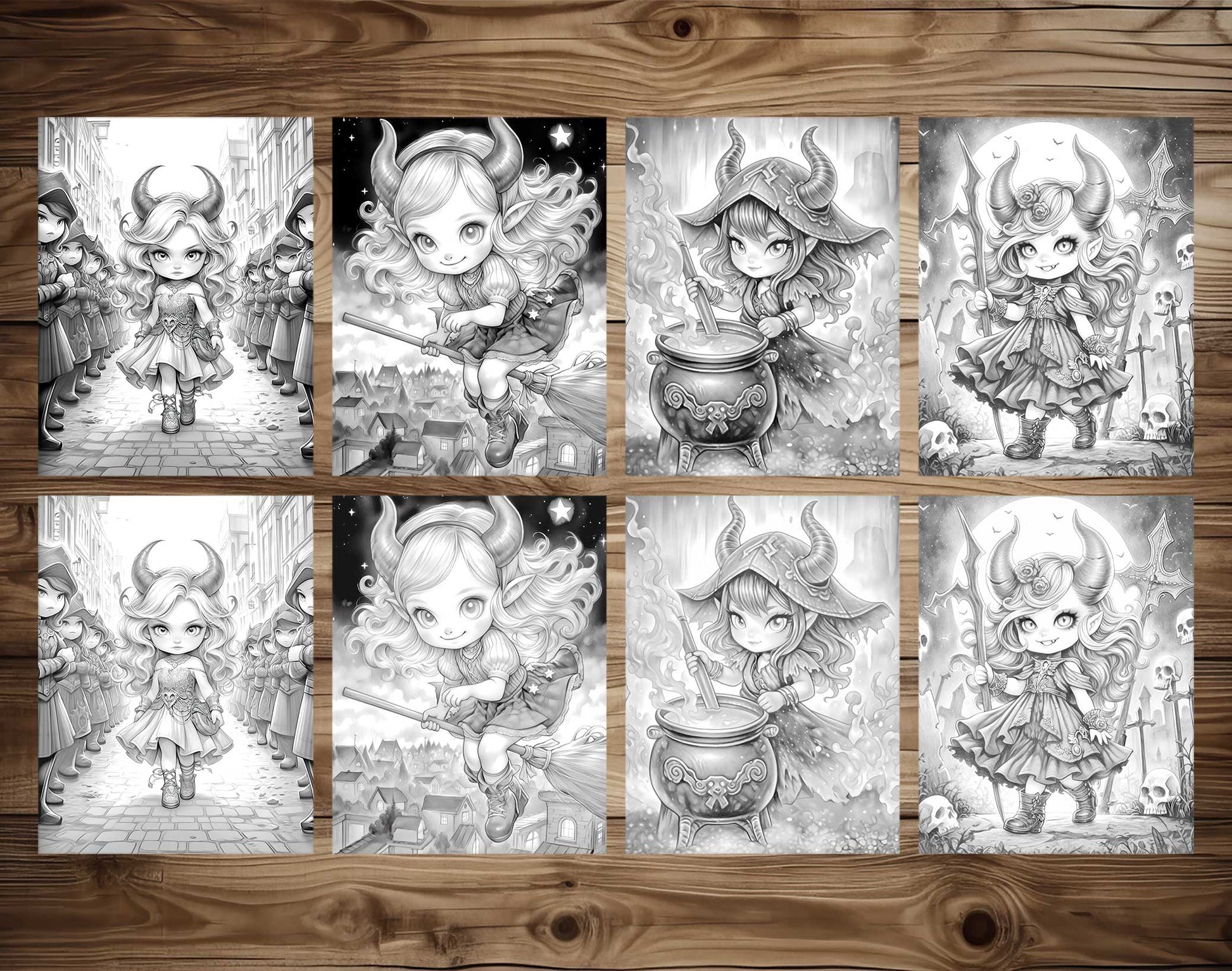 25 Little Devil Girls Grayscale Coloring Pages - Halloween Coloring - Instant Download - Printable PDF Dark/Light – preview 4