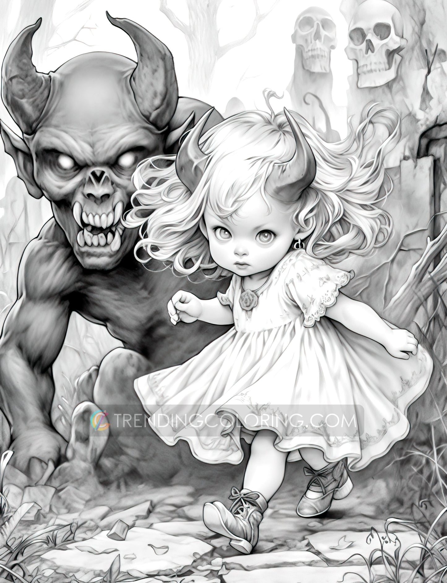 25 Little Devil Girls Grayscale Coloring Pages - Halloween Coloring - Instant Download - Printable PDF Dark/Light – preview 5