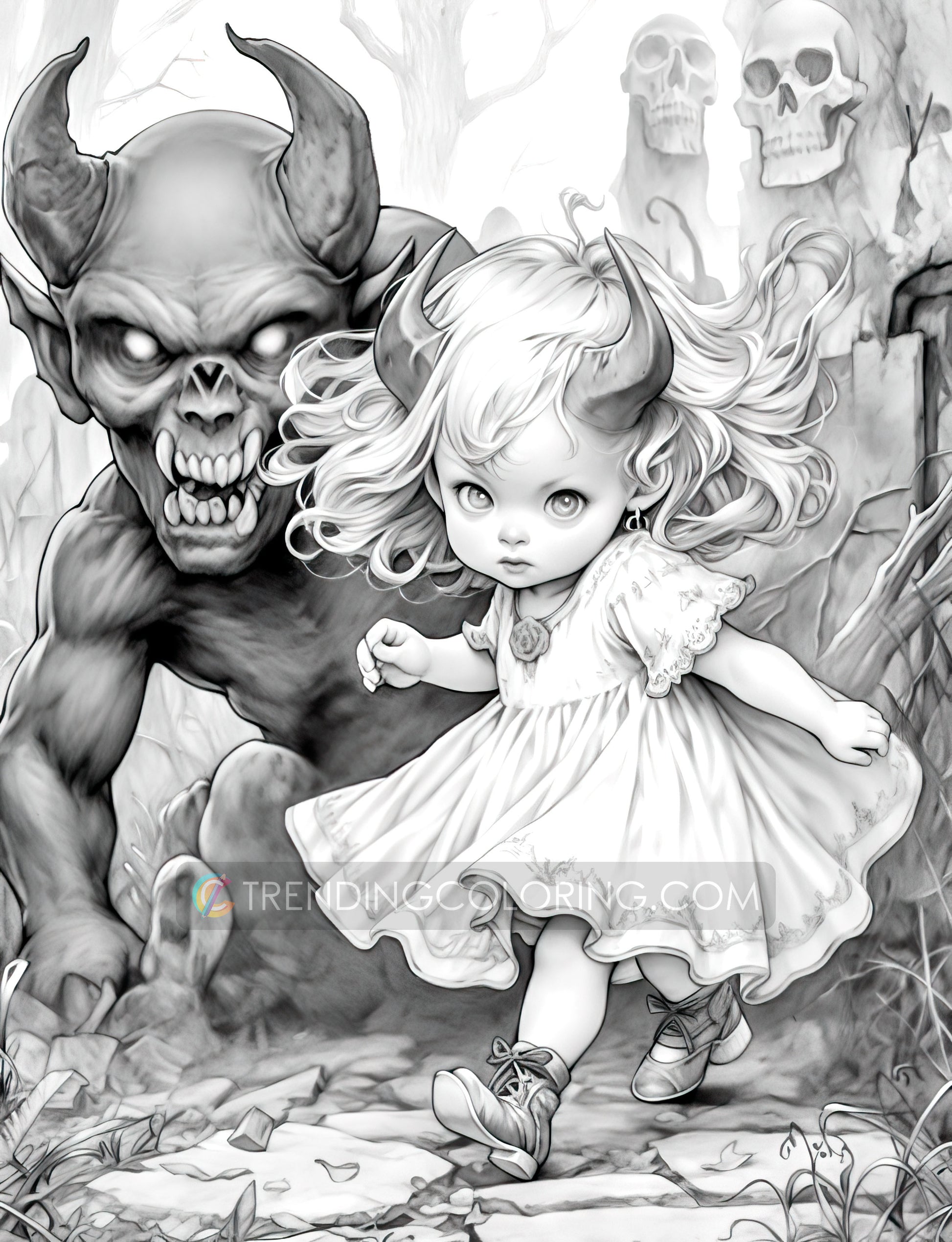 25 Little Devil Girls Grayscale Coloring Pages - Halloween Coloring - Instant Download - Printable PDF Dark/Light – preview 5