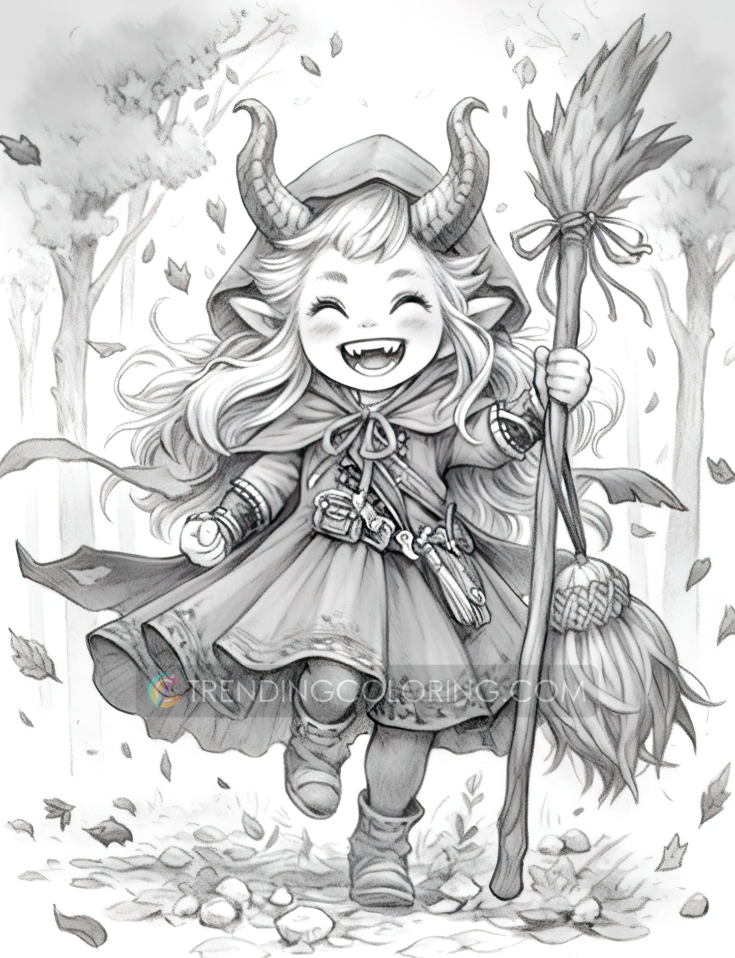 25 Little Devil Girls Grayscale Coloring Pages - Halloween Coloring - Instant Download - Printable PDF Dark/Light – preview 6