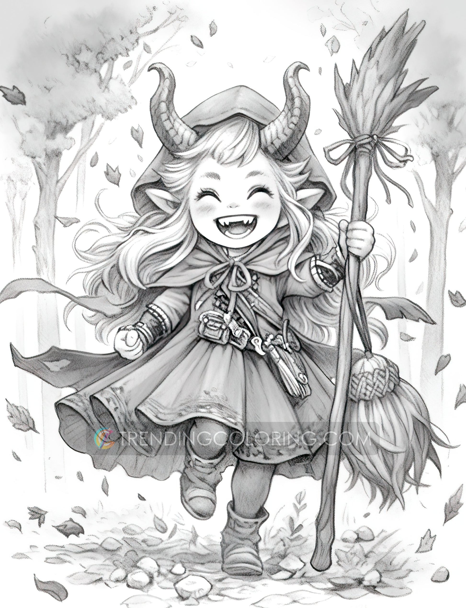 25 Little Devil Girls Grayscale Coloring Pages - Halloween Coloring - Instant Download - Printable PDF Dark/Light – preview 6