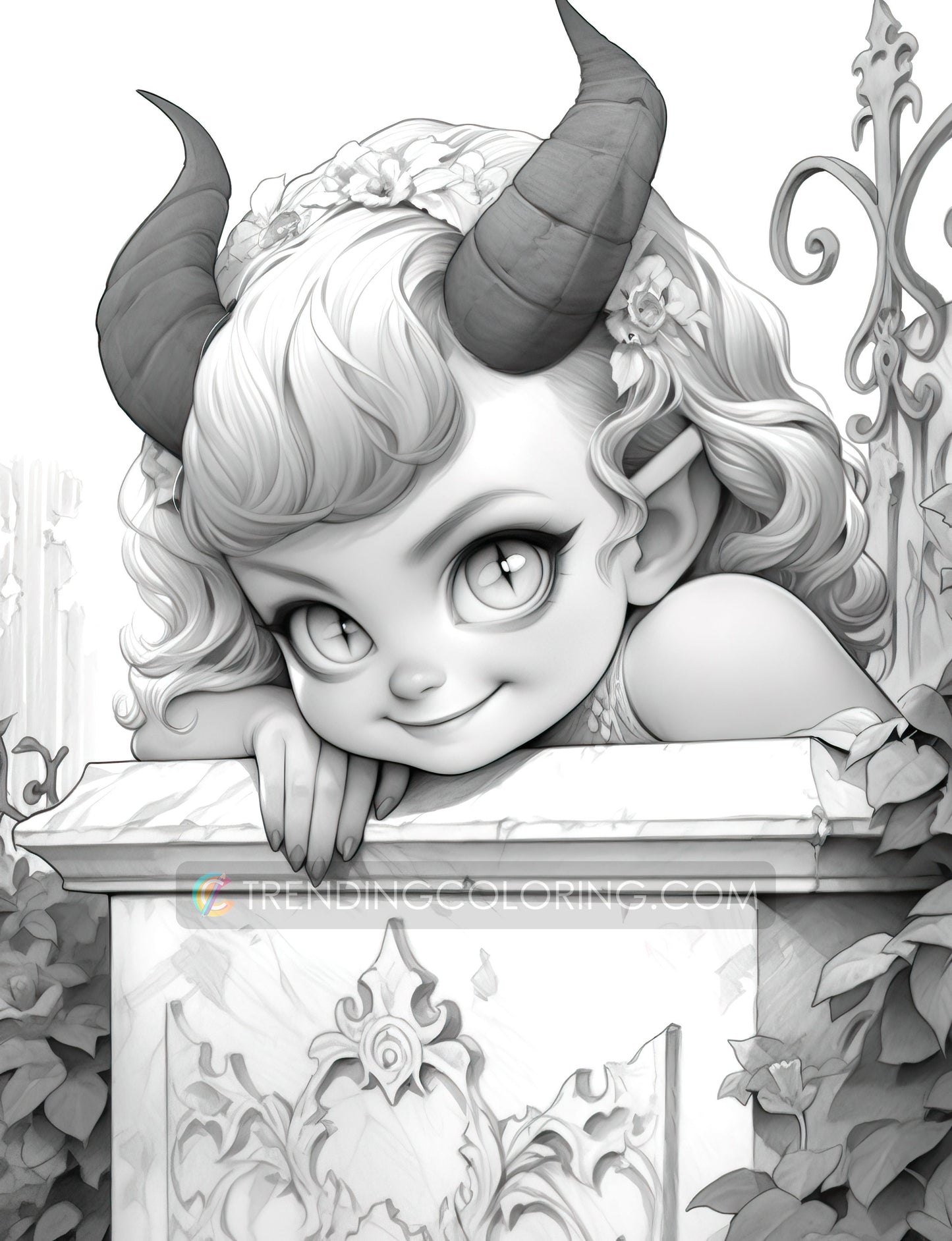 25 Little Devil Girls Grayscale Coloring Pages - Halloween Coloring - Instant Download - Printable PDF Dark/Light – preview 8