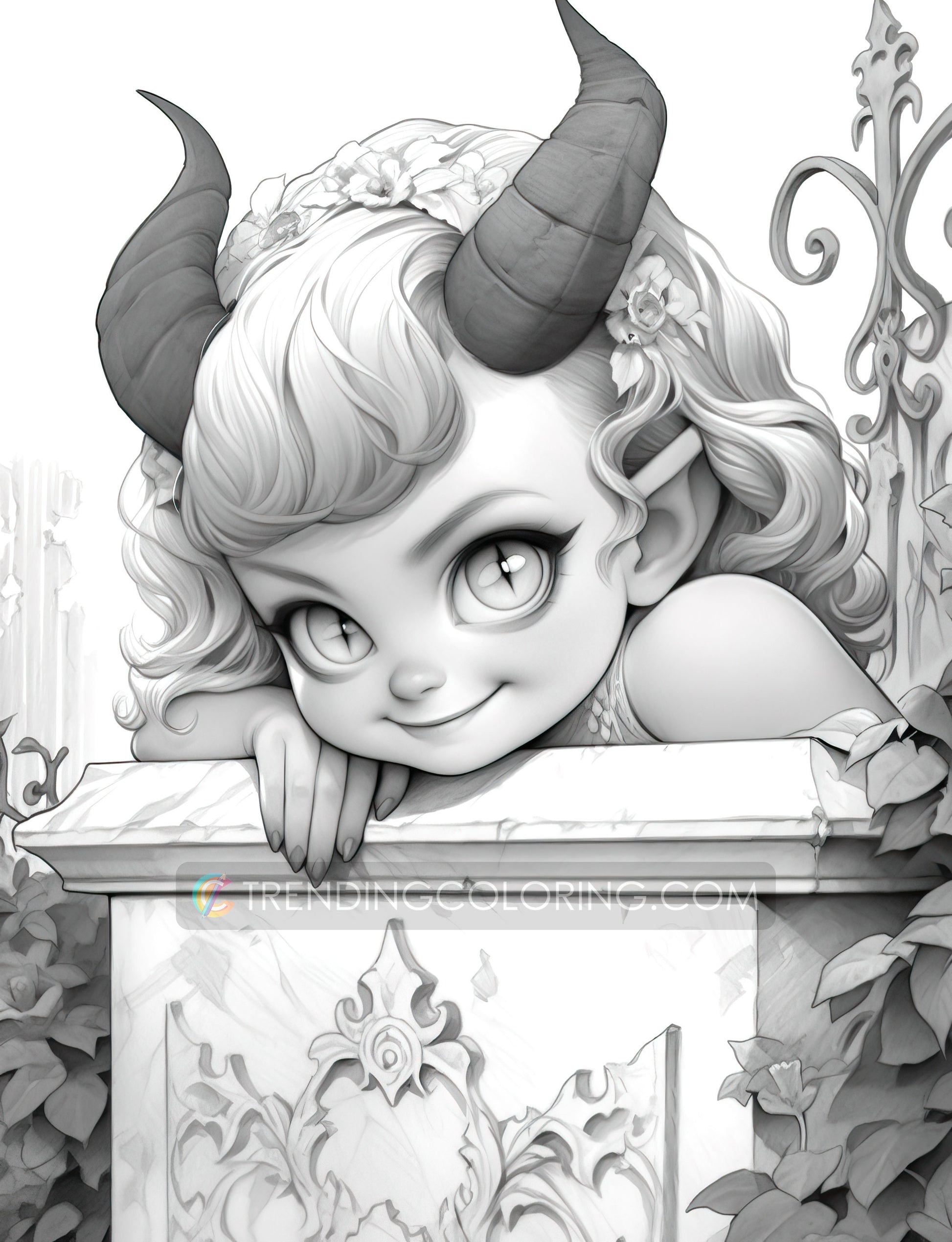 25 Little Devil Girls Grayscale Coloring Pages - Halloween Coloring - Instant Download - Printable PDF Dark/Light – preview 8
