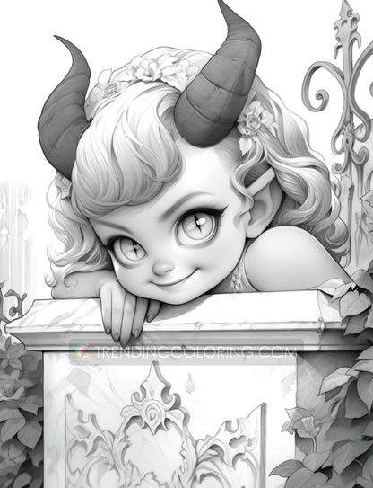 25 Little Devil Girls Grayscale Coloring Pages - Halloween Coloring - Instant Download - Printable PDF Dark/Light – preview 8