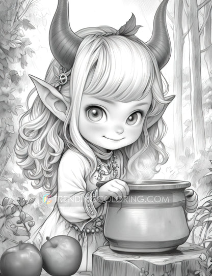 25 Little Devil Girls Grayscale Coloring Pages - Halloween Coloring - Instant Download - Printable PDF Dark/Light – preview 9