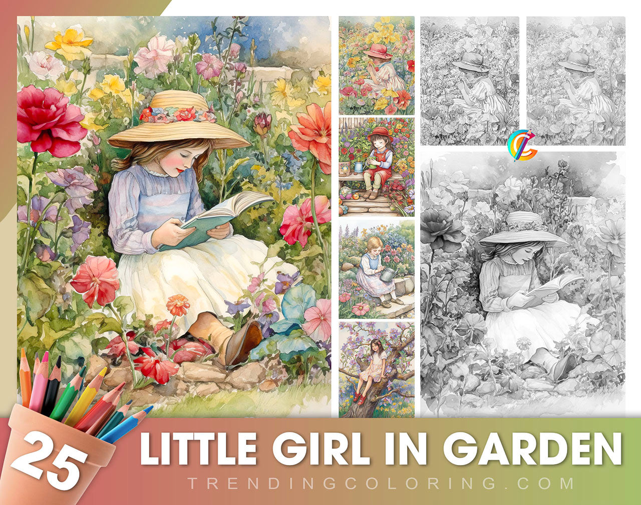25 Little Girl In Garden Grayscale Coloring Pages - Instant Download - Printable PDF Dark/Light
