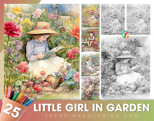 25 Little Girl In Garden Grayscale Coloring Pages - Instant Download - Printable PDF Dark/Light