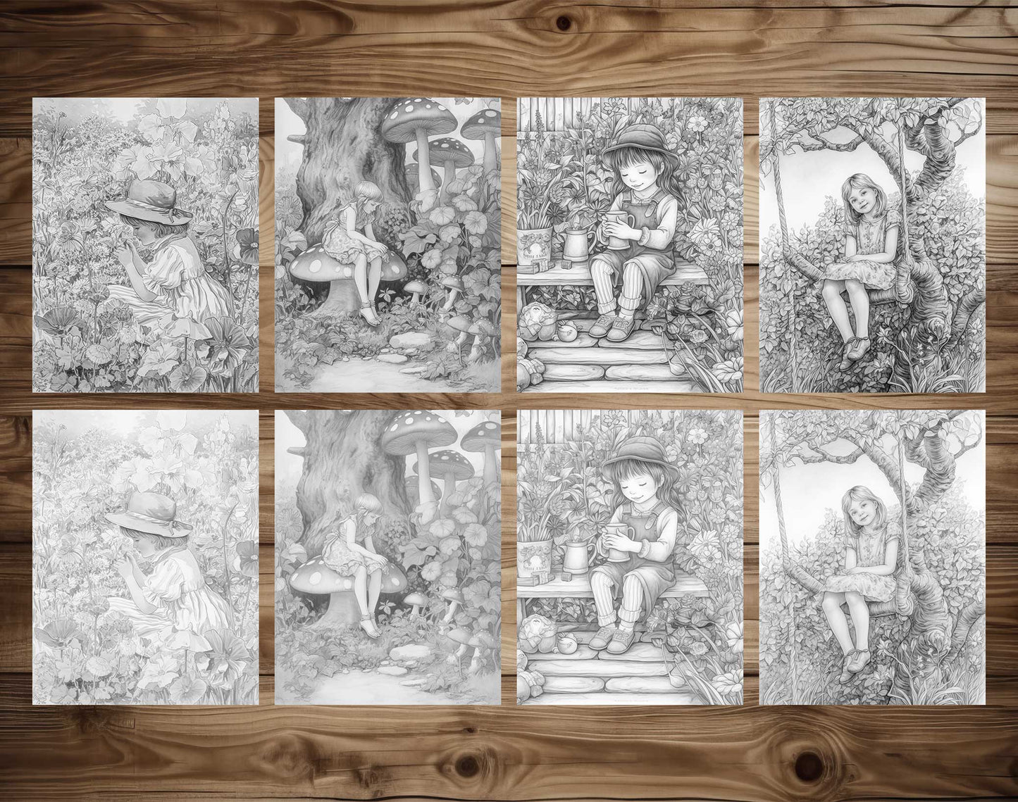 25 Little Girl In Garden Grayscale Coloring Pages - Instant Download - Printable PDF Dark/Light – preview 3