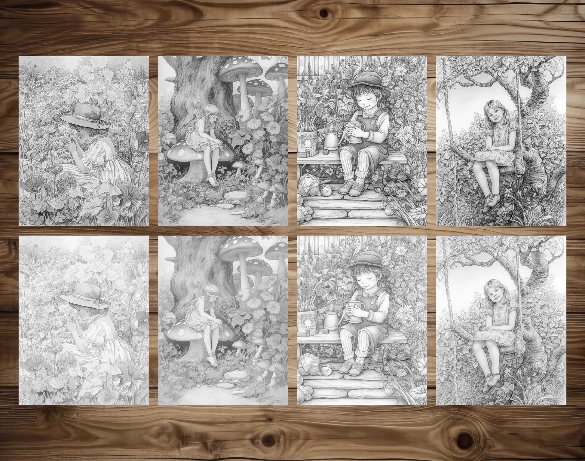 25 Little Girl In Garden Grayscale Coloring Pages - Instant Download - Printable PDF Dark/Light – preview 3