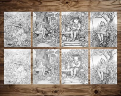 25 Little Girl In Garden Grayscale Coloring Pages - Instant Download - Printable PDF Dark/Light – preview 3