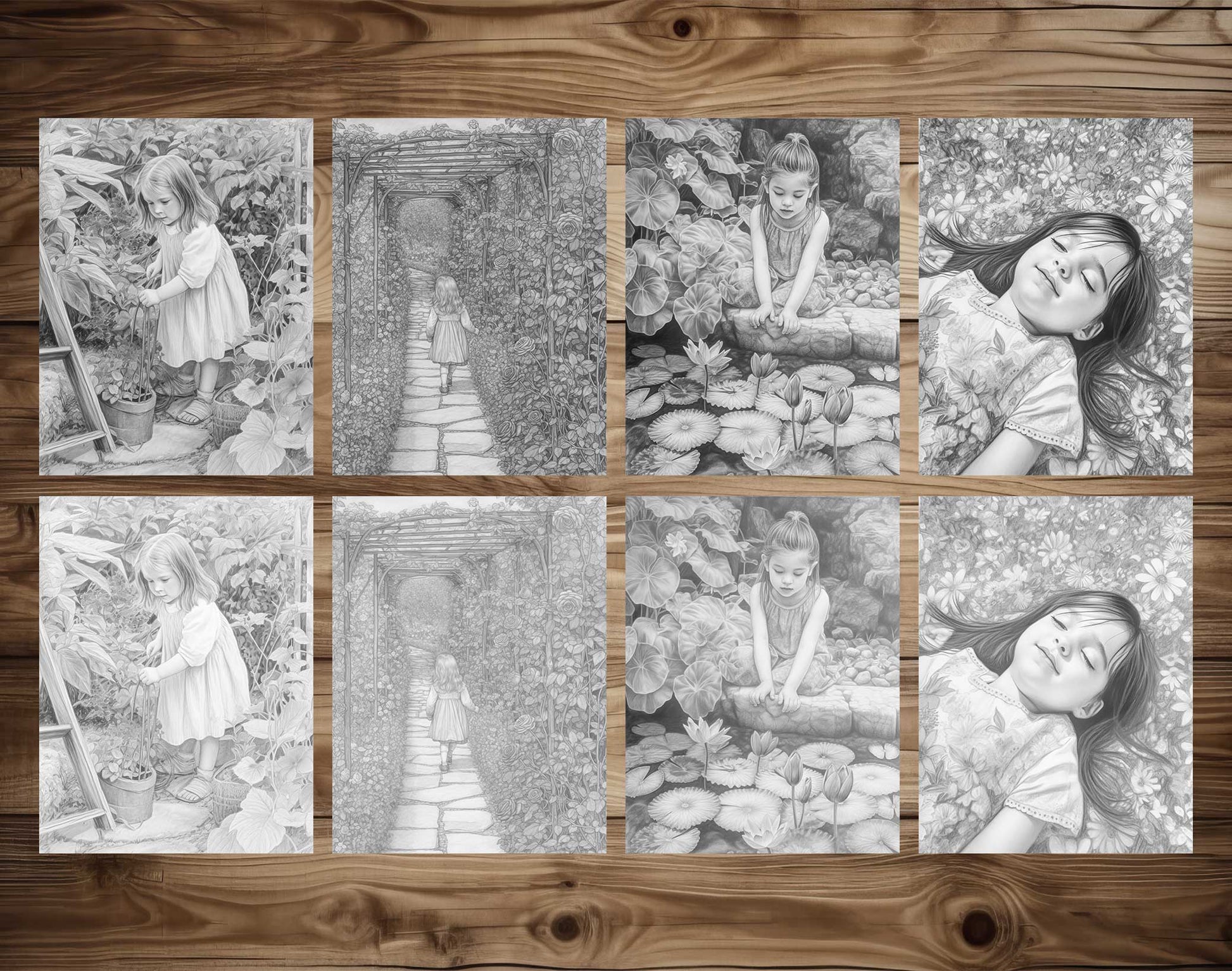 25 Little Girl In Garden Grayscale Coloring Pages - Instant Download - Printable PDF Dark/Light – preview 4