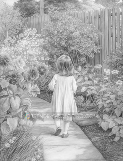 25 Little Girl In Garden Grayscale Coloring Pages - Instant Download - Printable PDF Dark/Light – preview 6