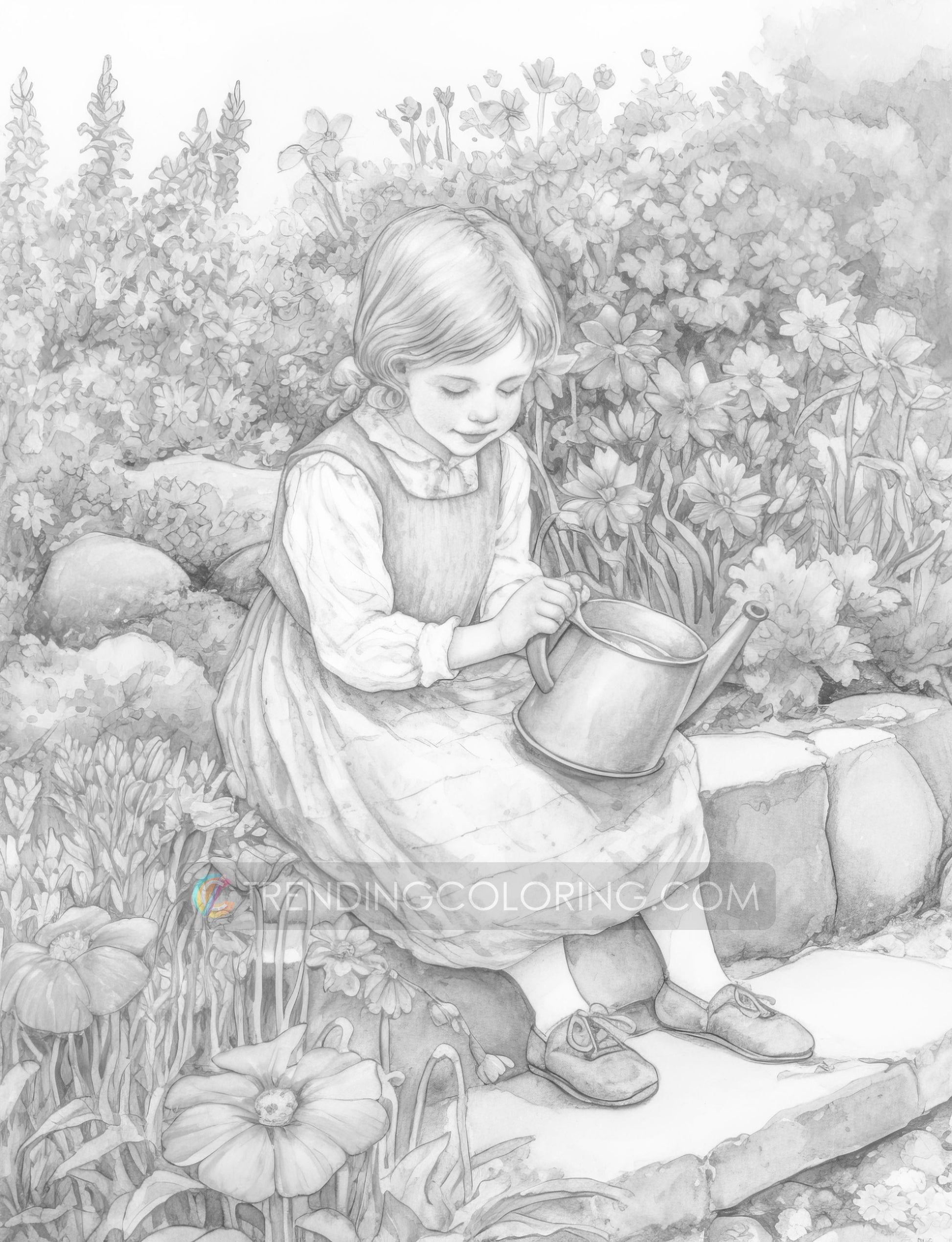 25 Little Girl In Garden Grayscale Coloring Pages - Instant Download - Printable PDF Dark/Light – preview 8