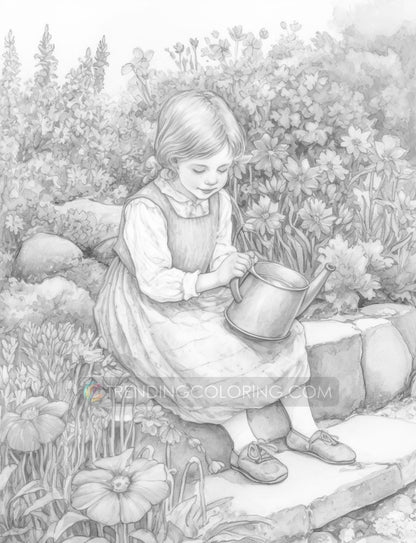 25 Little Girl In Garden Grayscale Coloring Pages - Instant Download - Printable PDF Dark/Light – preview 8