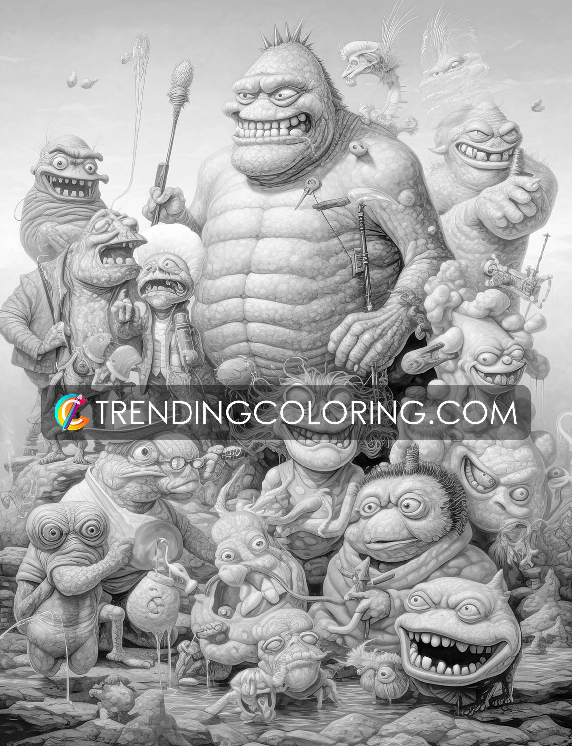25 Monster Family Grayscale Coloring Pages - Instant Download - Printable PDF – preview 10
