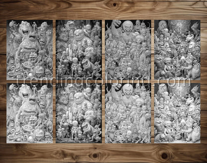 25 Monster Family Grayscale Coloring Pages - Instant Download - Printable PDF – preview 3