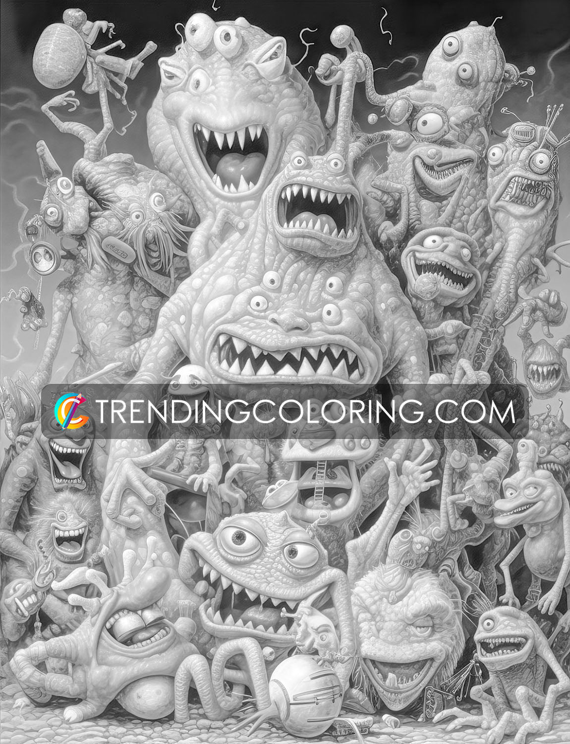 25 Monster Family Grayscale Coloring Pages - Instant Download - Printable PDF – preview 5