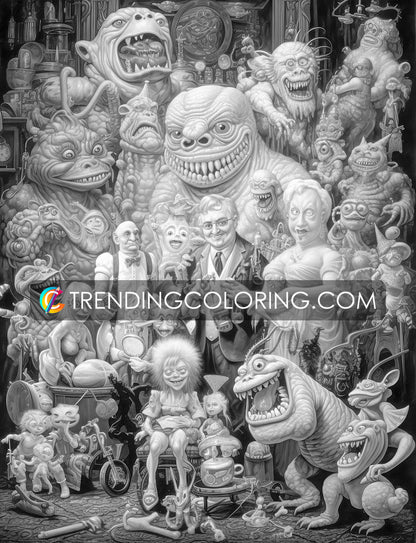 25 Monster Family Grayscale Coloring Pages - Instant Download - Printable PDF – preview 6