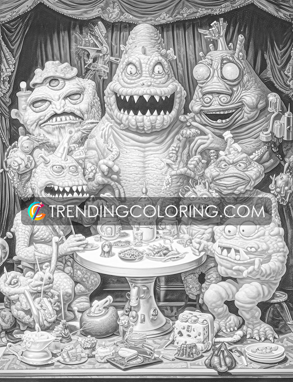 25 Monster Family Grayscale Coloring Pages - Instant Download - Printable PDF – preview 8