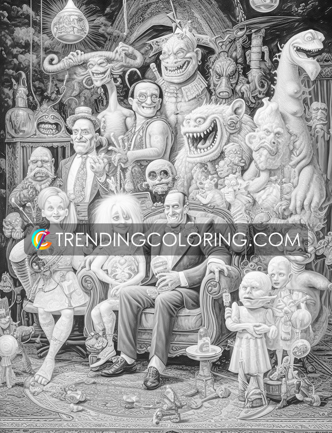 25 Monster Family Grayscale Coloring Pages - Instant Download - Printable PDF – preview 9