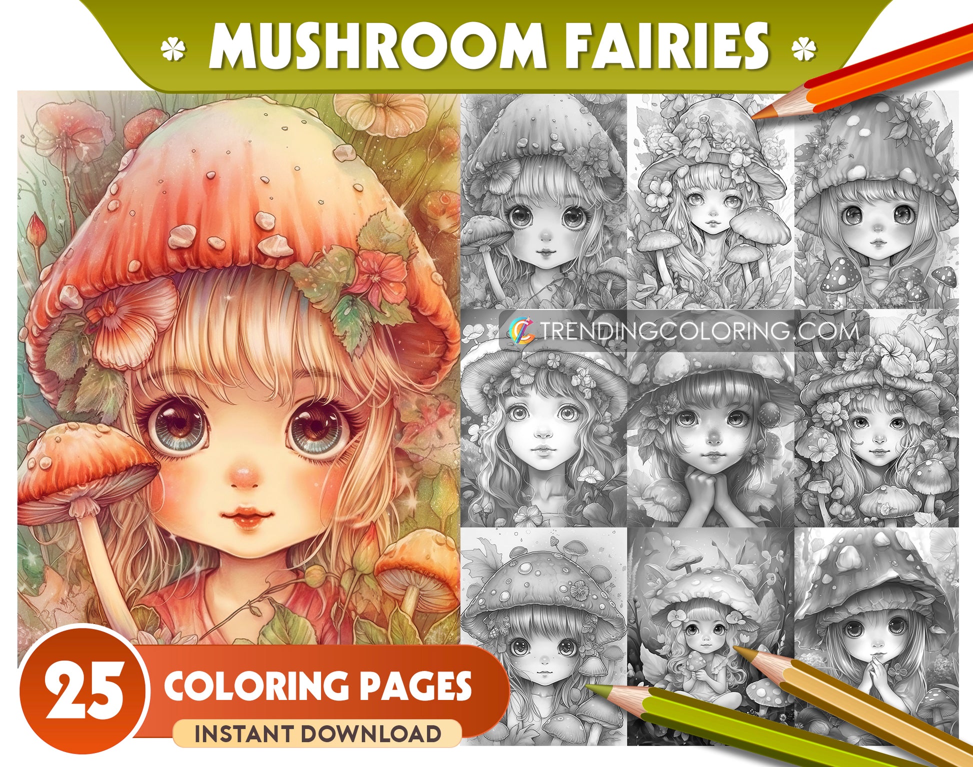 25 Mushroom Fairies Grayscale Coloring Pages - Instant Download - Printable PDF