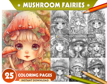 25 Mushroom Fairies Grayscale Coloring Pages - Instant Download - Printable PDF