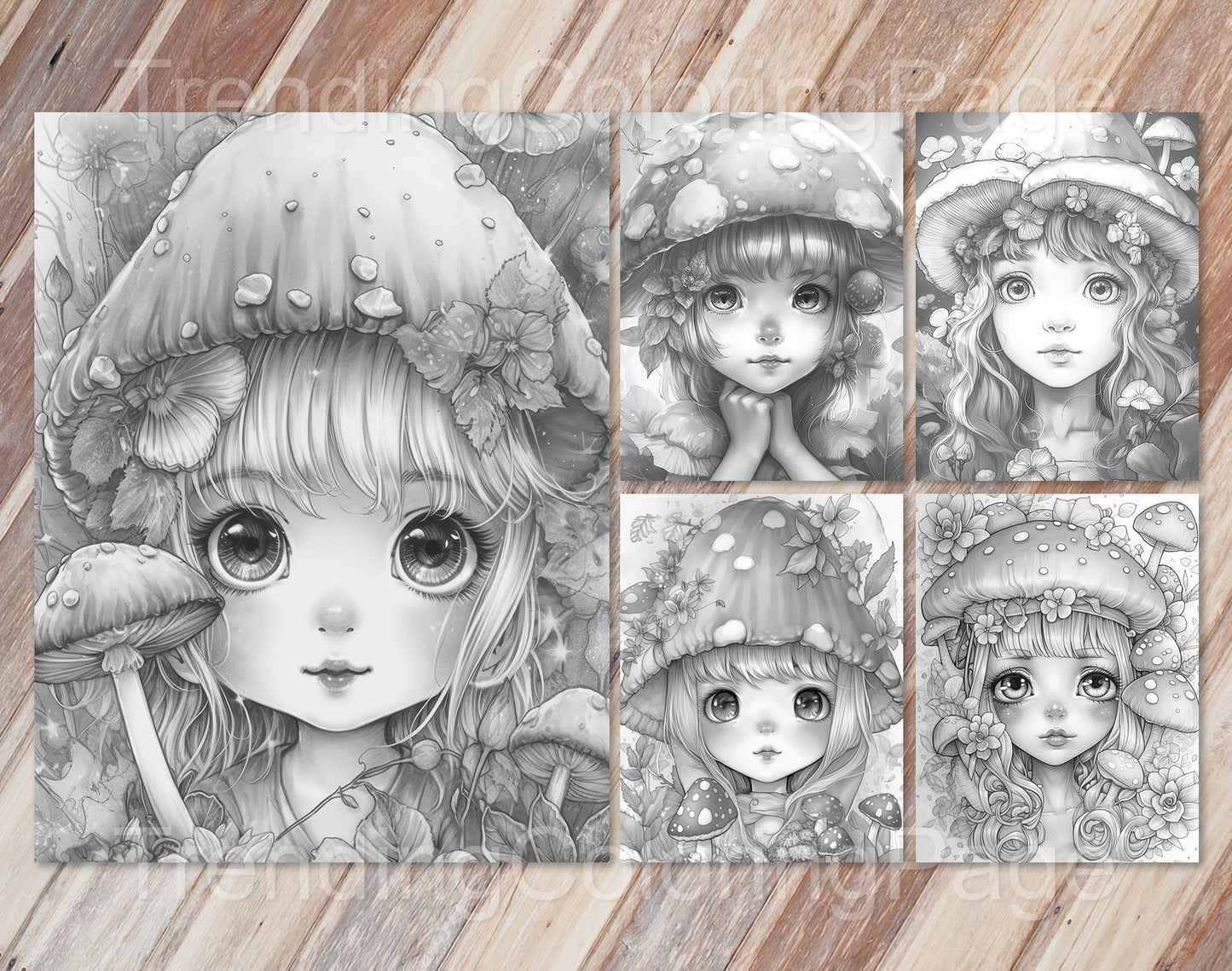 25 Mushroom Fairies Grayscale Coloring Pages - Instant Download - Printable PDF – preview 2