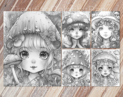 25 Mushroom Fairies Grayscale Coloring Pages - Instant Download - Printable PDF – preview 2