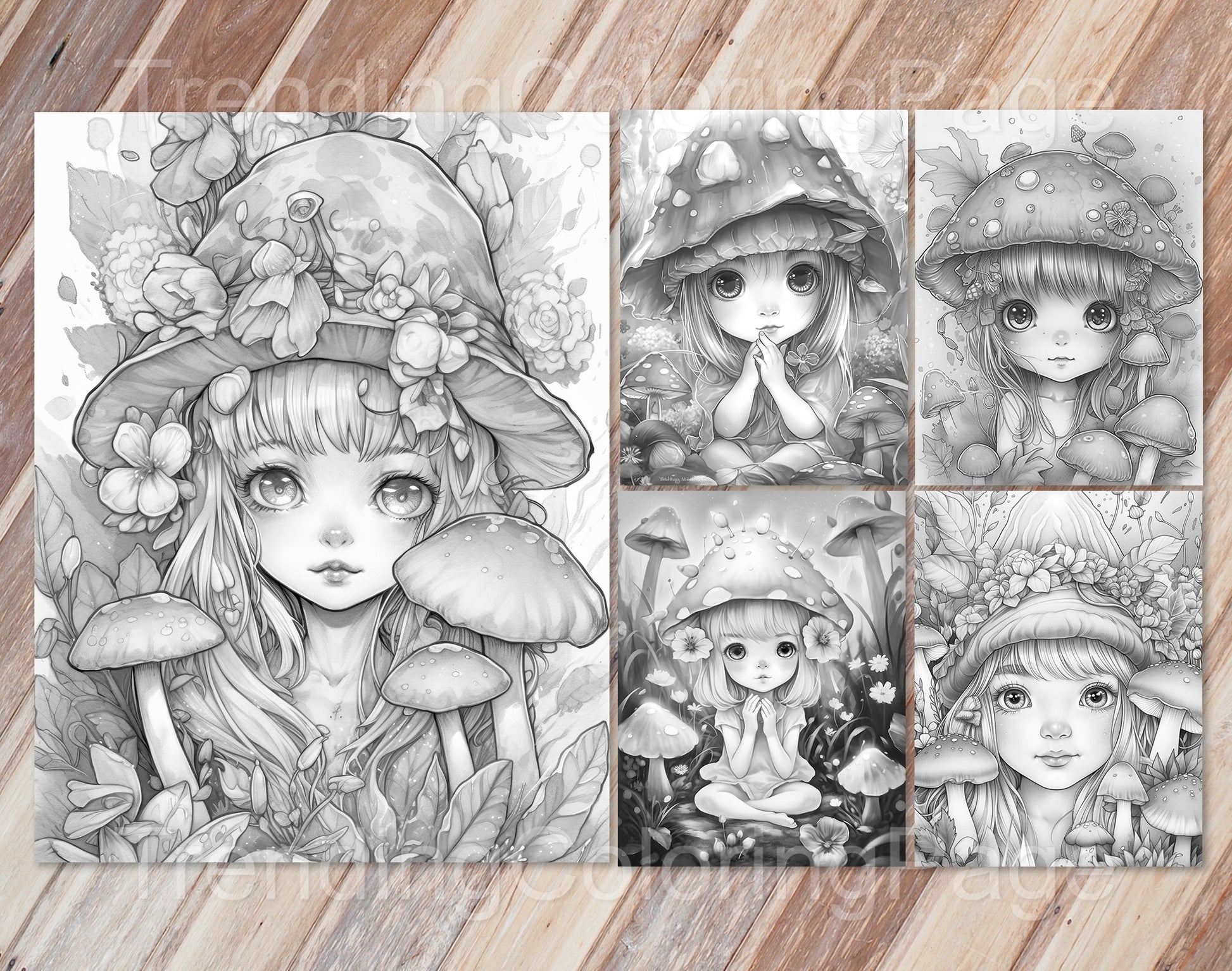 25 Mushroom Fairies Grayscale Coloring Pages - Instant Download - Printable PDF – preview 3