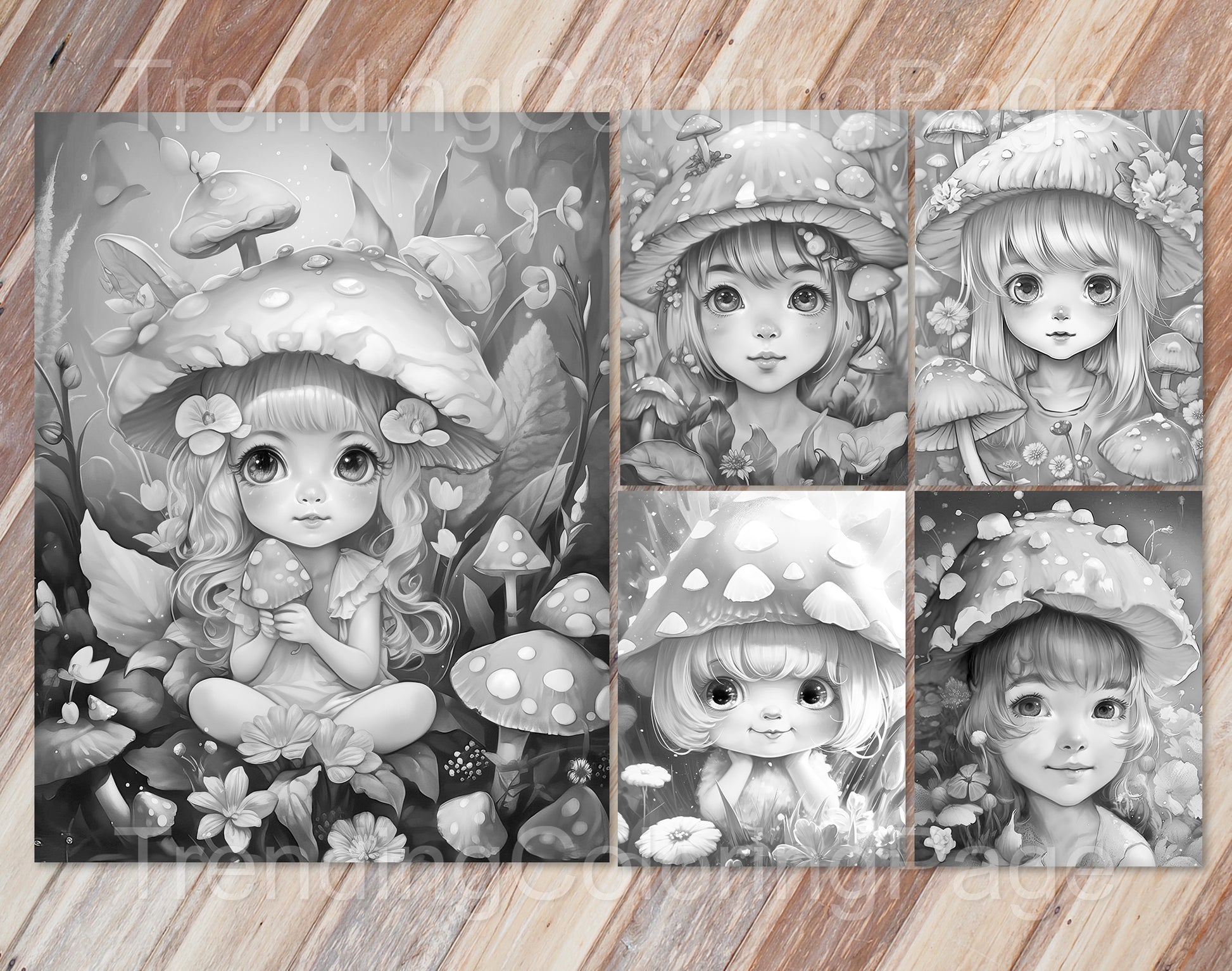 25 Mushroom Fairies Grayscale Coloring Pages - Instant Download - Printable PDF – preview 4